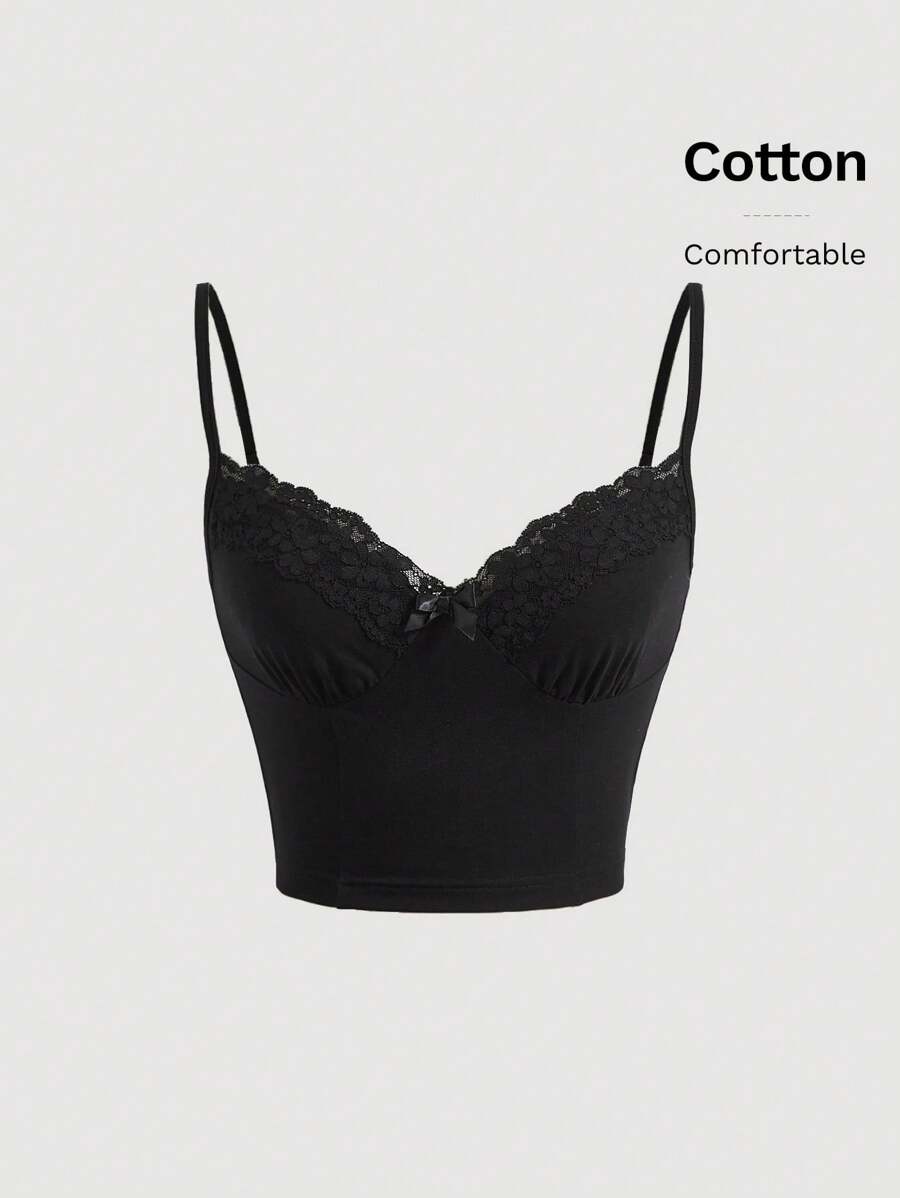 SHEIN MOD Contrast Lace Slim Fit Black Cami Top - Black - View 1