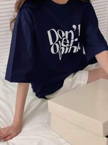 DAZY 字母图案落肩T恤 Don't Over Think 超大T恤 - 藏蓝色 - 查看 7
