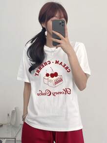 DAZY Women Summer Letter Cherry Printed Round Neck Short Sleeve Casual T-Shirt CREAMCHERRY Honey Cake Cute Tops,Graphic Tees