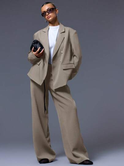 MUSERA Blazer oversize su misura con bavero intaglia, doppiopetto, elegante, professionale, casual, adatto per vacanze, autunno, inverno, ufficio, appuntamenti, uscite, completo casual, capsule wardrobe, color cachi, primavera, San Valentino