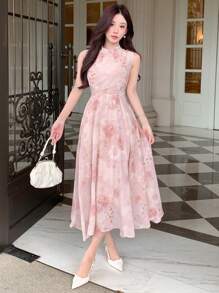 DAZY 女士夏季优雅雪纺碎花连衣裙舞会礼服太阳裙，返校服 - 粉色 - 查看 2