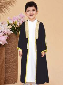 2pcs Young Boy Contrast Webbing Long Sleeve Robe And Long Length Shirt Set