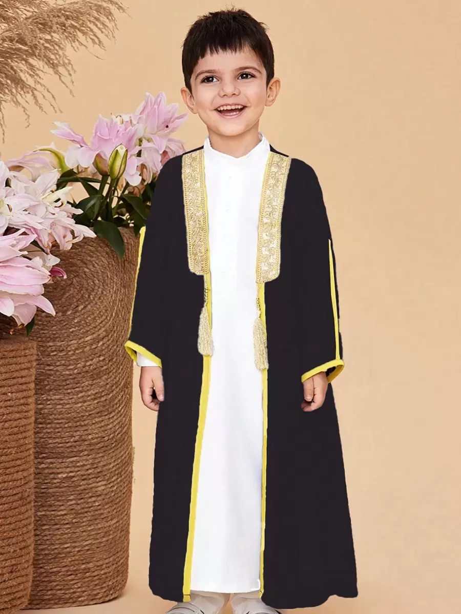 2pcs Young Boy Contrast Webbing Long Sleeve Robe And Long Length Shirt Set