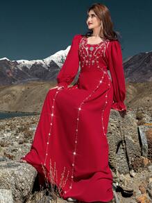 Layrah Hand-Sewn Crystal & Pearl Embellished Red Long Sleeve Full Length Dress, Kaftan & Jalabiya, Luxury Evening Dresses For Women,Modest - Red - View 2