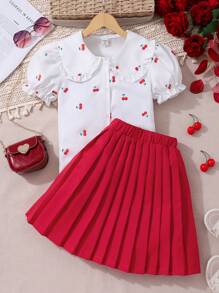 2 件套青少年女孩可爱樱桃印花彼得潘领衬衫和红色百褶裙，适合日常外出 - 紅白色 - 查看 1