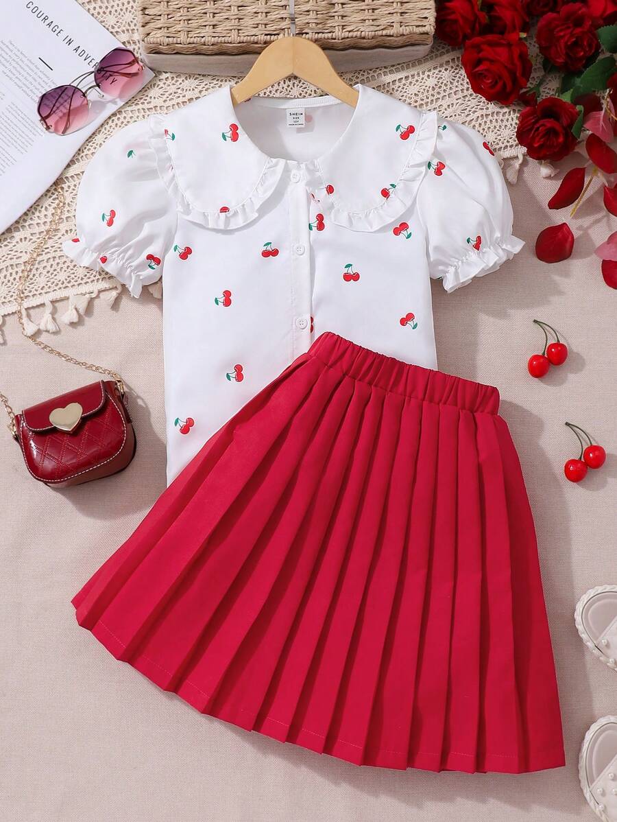 2 件套青少年女孩可爱樱桃印花彼得潘领衬衫和红色百褶裙，适合日常外出 - 紅白色 - 查看 1