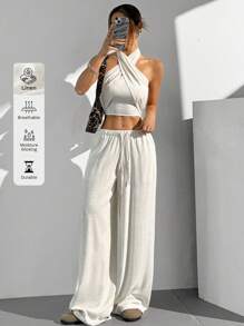 SHEIN EZwear 2 pièces/ensemble Top sans manches à col ras-du-cou et dos nu de couleur unie et pantalon long à cordon de serrage pour femmes