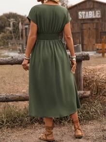 Ceyna Plus Size Women's French Style Commuter Casual Holiday Solid Color Cross Shirred Waist Tie Back Drawstring Loose Sleeve Midi Dress, Spring/Summer - Army Green - View 2