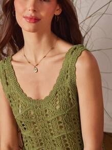 WESTFADE Spring Vacation Scoop Neck Faux Crochet Scallop Hem Knit Top - Army Green - View 2