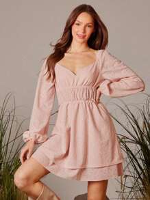 WESTFADE Summer Boho Paisley Lace Sweetheart Neck Long Sleeve Ruffle Tiered Mini Dress