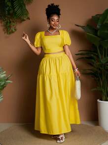 Maweii 2pcs/Set Plus Size Women Square Neck Cropped Top And High Waist Mini Skirt - Yellow - View 5