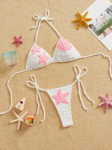 1set Women Colorblock Star & Shell Patched Knit Bikini Cover-Up, For Summer Beach Vacation - Multicolor - View 1