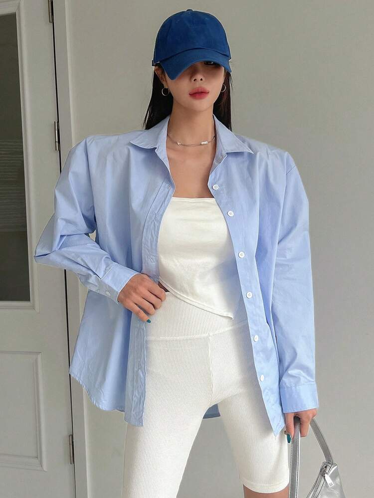 Solid Drop Shoulder Button Up Oversized Shirt,Fall Clothes Long Sleeve Top