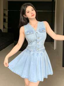 DAZY Casual Fitted Denim Crop Vest & Pleated Denim Skirt, 2 Pieces Set For Women Summer