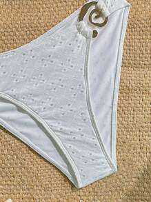 Soleia Women's Sexy Fashion Solid Color Big Metal Ring Textured Fabric Lace-Up Backless Bikini Set