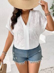 SHEIN Frenchy Plus Size Leisure Floral Embroidery Batwing Sleeve Blouse - White - View 6