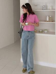 DAZY 女式圆领短袖T恤夏季，图案T恤 - 粉色 - 查看 7