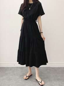 DAZY Solid Drawstring Waist Layered Hem Dress,Ladies Casual Drawstring,Ruffle Hem Short Sleeve Round Neck Regular Fit Long Black Roll Up Sleeve Plain A Line Women Long Dresses,Spring/Summer,Casual Daily Wear Sundress
