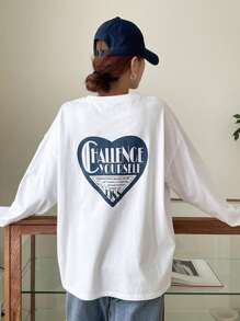 DAZY 标语图案落肩T恤挑战自我灵感源于艺术艺术对每个人来说都是平等的我们有权利享受艺术1988年秋季服装长袖女上衣 - 白色 - 查看 5