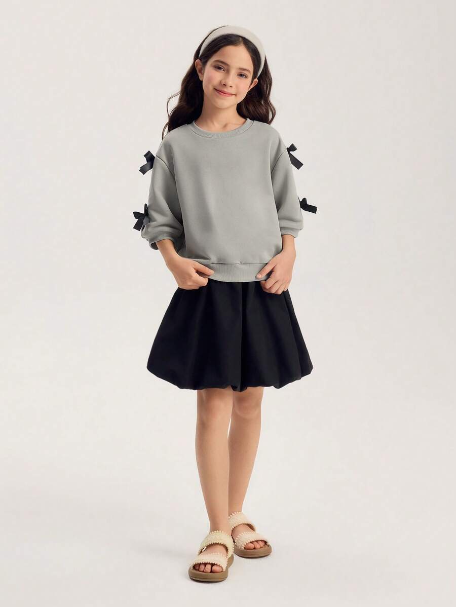 SHEIN Tween Girls 2 件套 - 灰色褶皱灯笼袖上衣配装饰蝴蝶结，黑色短款泡泡裙，适合上学、郊游、运动、春夏季 - 彩色 - 查看 1