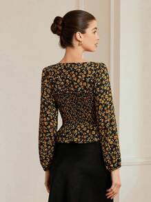 GENKIRA Yellow Ditsy Floral Retro Romantic Vacation Blouse Shirt, Spring/Summer Elegant Fashionable Style For Spring Fall - Multicolor - View 4