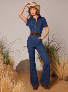 WESTFADE Collared Zip Front Fitted Flare Leg Denim Jumpsuit Western Overall Festival Outfit - Medium Wash - View 8
