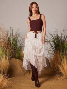 WESTFADE Square Neck Fitted Lace Up Bow Tie Front Tassel Trim Pointelle Knit Top Spring Summer Vacation - Brown - View 5