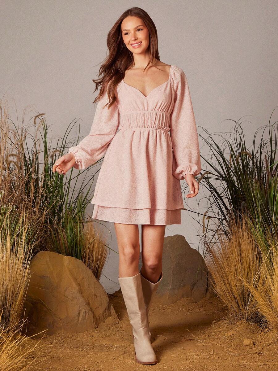 WESTFADE Summer Boho Paisley Lace Sweetheart Neck Long Sleeve Ruffle Tiered Mini Dress