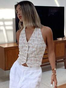 Livesso 女式无袖花卉印花短款上衣，夏季修身休闲背心，露背上衣 - 杏色 - 查看 8