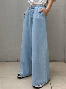 FRIFUL Women Elastic Waist Pocketed Wide Leg Loose Daily Casual Denim Pants,Baggy Jeans