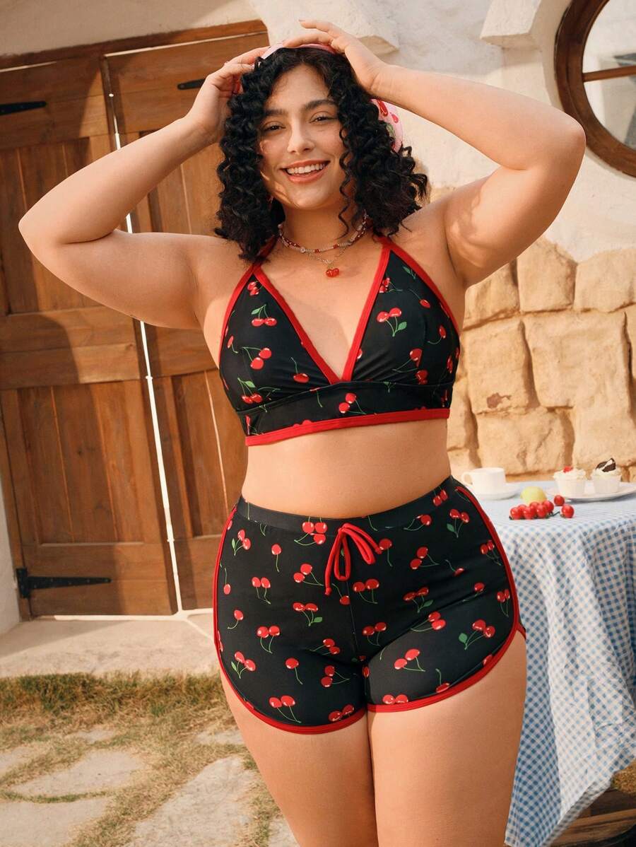 Plus Size Women Cherry Print Colorblocked Bikini Set, Casual Resort Swimwear For Summer Beach Vacation - Multicolor - View 1