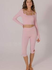 Aralina 休闲服分层运动短款上衣吊带背心和长袖短款上衣，带褶皱袖子细节两件套 - 粉色 - 查看 15
