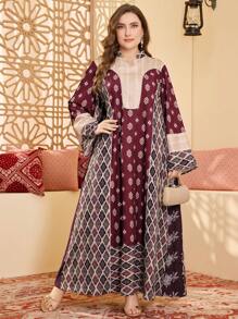 Al Najma Plus Size Elegant V-Neck Floral Patchwork Dress - Multicolor - View 5