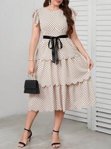 SHEIN Clasi Plus Size Women Elegant Polka Dot Print Round Neck Cap Sleeve Layered Ruffles Hem Romantic Cake Dress,Romantic Dresses,Summer Dresses For Women,Summer Outfits For Women,Wedding Guest Dress Women - Apricot - View 1