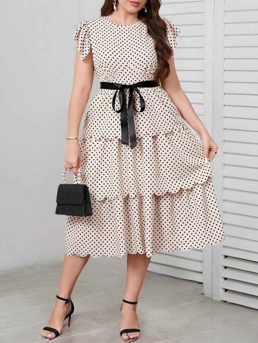 SHEIN Clasi Plus Size Women Elegant Polka Dot Print Round Neck Cap Sleeve Layered Ruffles Hem Romantic Cake Dress,Romantic Dresses,Summer Dresses For Women,Summer Outfits For Women,Wedding Guest Dress Women - Apricot - View 1