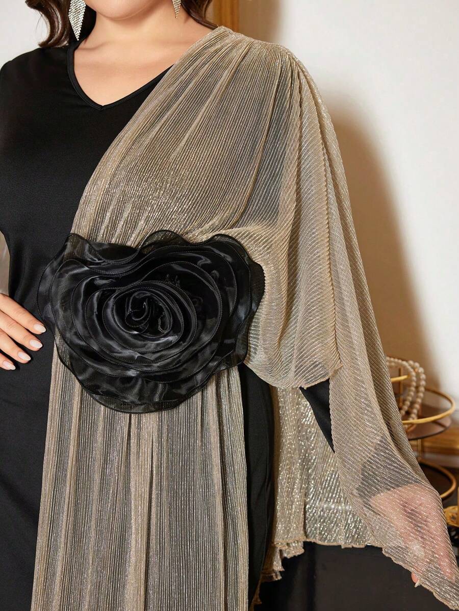 Modelyn Plus Size Women V-Neck Long Sleeve Pleated Patch Floral Fitted Slim Bodycon Elegant Party Dress