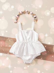 SHEIN Leap Crew Newborn Baby Girl Cute White Ruffled Strap Bodysuit, Summer - White - View 1