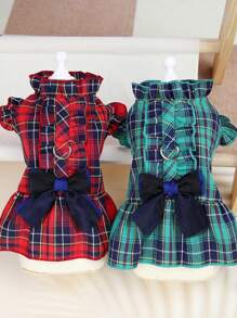 PETSIN 绿色春夏甜美时尚JK风格经典格子蝴蝶结装饰皮带小狗裙 - 綠色 - 查看 6