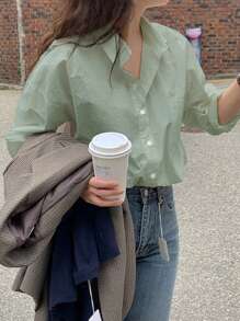 DAZY 女式休闲落肩宽松拼布口袋衬衫长袖上衣 - 薄荷綠 - 查看 4