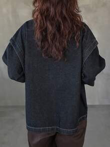 FRIFUL Women Solid Color Pocket Twist Front Button Casual Long Sleeve Denim Shirt,Back To School Clothes,Jeans Jacket,Fall Women Clothes - Blue - View 5