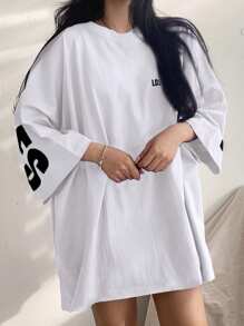 DAZY 女士夏季宽松圆领落肩袖字母印花休闲T恤超大码T恤 - 白色 - 查看 2