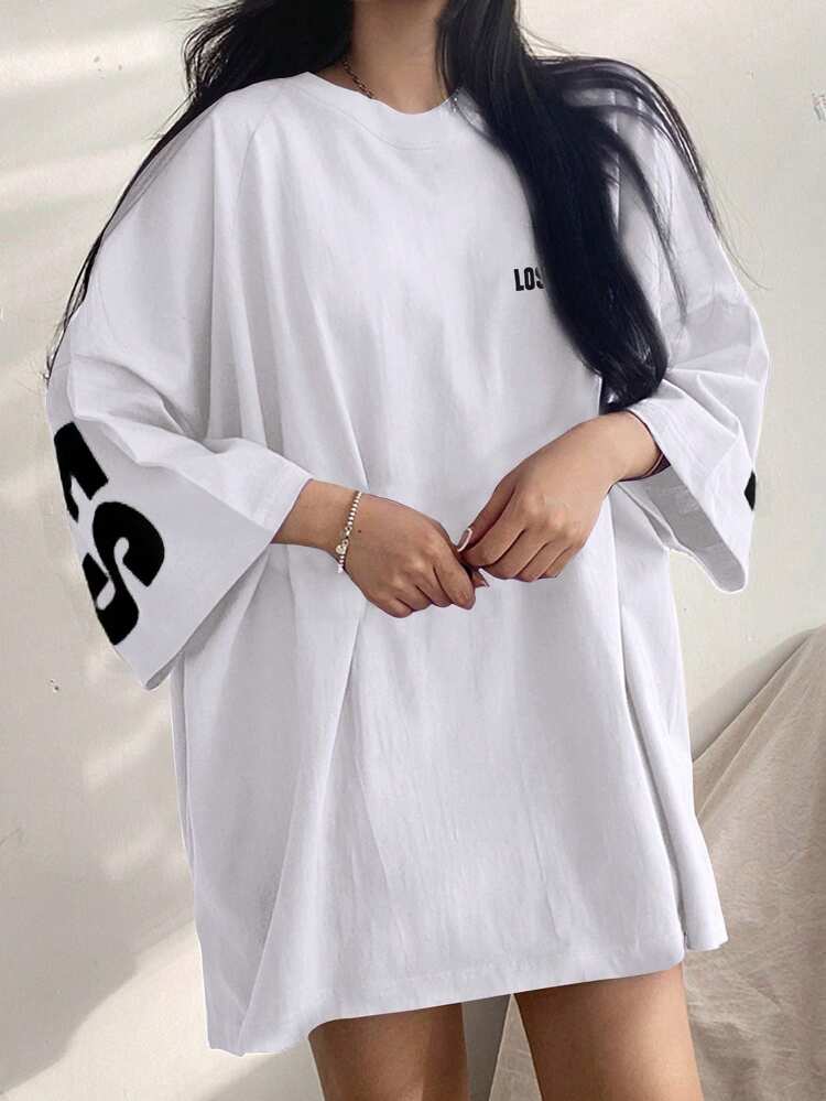 Women's Summer Loose Fit Round Neck Drop Shoulder Sleeve Letter Printed Casual T-Shirt Oversized T-Shirt