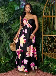 SOLERSUN 女士春夏花卉印花浪漫海滩度假褶皱荷叶边下摆抹胸长裙（随机花卉）