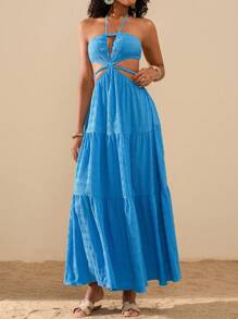 Travachic Vestido de mujer de un solo color con escote halter y espalda descubierta para vacaciones