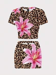 INAWLY 2pcs/Set Spring Animal Floral Print Short Sleeve Crop Top & Mini Skirt - Multicolor - View 1