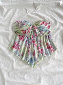 Soleia Kwiatowy nadruk, modny top typu bandeau, wiązany u dołu, asymetryczny dół, damski top, wiosna