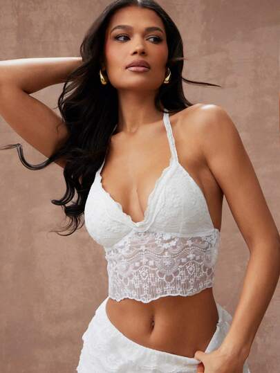 Hauture 夏季女装，女装，白色蕾丝优雅性感纯色蕾丝露背吊带上衣，女式上衣，女式背心，短款女式上衣，夏季女式上衣，夏季上衣，度假