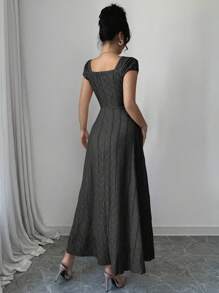 Modelyn Đầm suông cổ vuông tay bèo nhún thanh lịch màu trơn cho nữ - màu đen - Xem 2