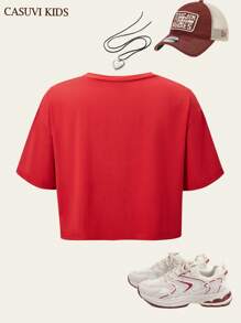 SHEIN Explorewe 1pc Vintage Campus Style Round Neck Short Sleeve T-Shirt For Teen Girl - Red - View 2