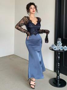 DAZY 性感修身派对/婚礼宾客礼服，网眼、蕾丝和缎面拼布 V 领幻觉礼服舞会礼服优雅秋季礼服长袖礼服 - 寶藍色 - 查看 4